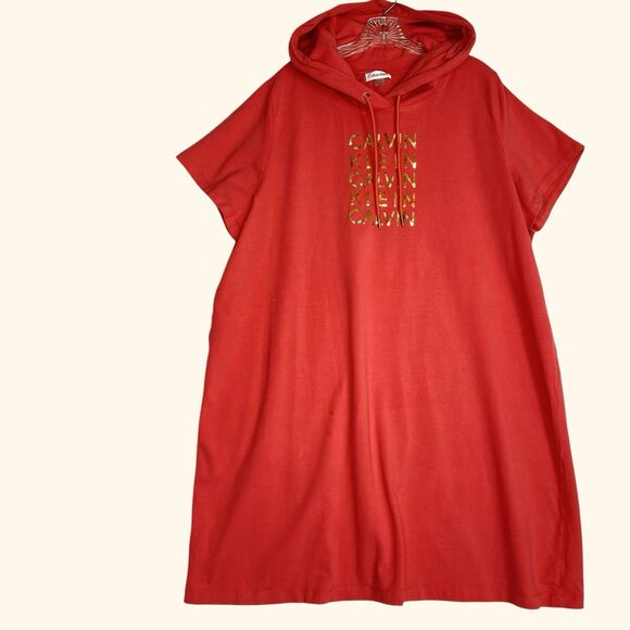 Calvin Klein Hooded Sweatshirt Dress 2X Pink Short Sleeve Relaxed - Picture 1 of 7